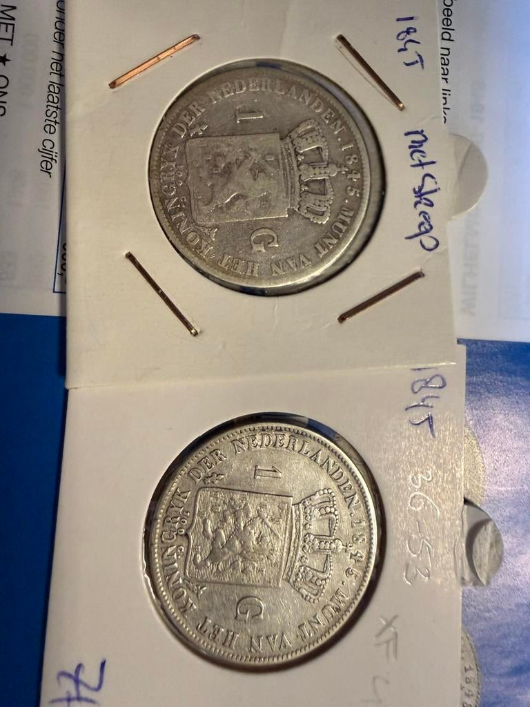 Setje Willem II guldens 1845 met en zonder streep, Postzegels en Munten, Munten | Nederland, 1 gulden, Setje, Zilver, Ophalen of Verzenden