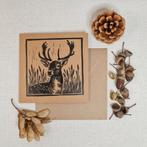 Dubbele kaart met envelop hert handgemaakt linosnede 15x15, Ophalen of Verzenden, Nieuw