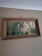 Vintage ingelijste print – moeder met kinderen bij wieg, Antiek en Kunst, Ophalen