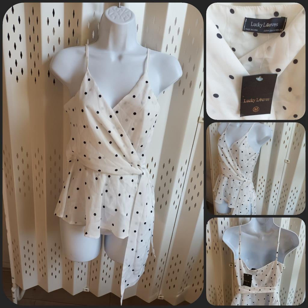 Lucky Leaves Witte Top met Zwarte Stippen S/M New!, Kleding | Dames, Lucky Leaves, Wit, Nieuw, Ophalen of Verzenden