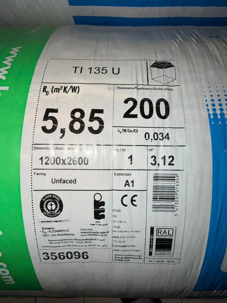 7,5m2 isolatie knauf 200mm ecose, Doe-het-zelf en Verbouw, Isolatie en Afdichting, Ophalen, Zo goed als nieuw, Glaswol, 4 tot 8 cm