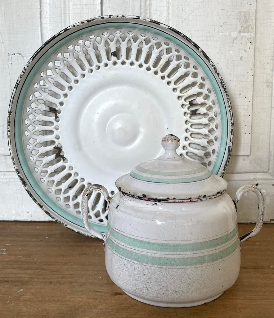 Emaille oude Franse suikerpot wit / mint groen, Antiek en Kunst, Antiek | Emaille, Ophalen of Verzenden