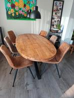 Ovale eettafel 200x100 met 6 stoelen - Mangohout, 50 tot 100 cm, Zo goed als nieuw, Vijf personen of meer, Modern industrieel