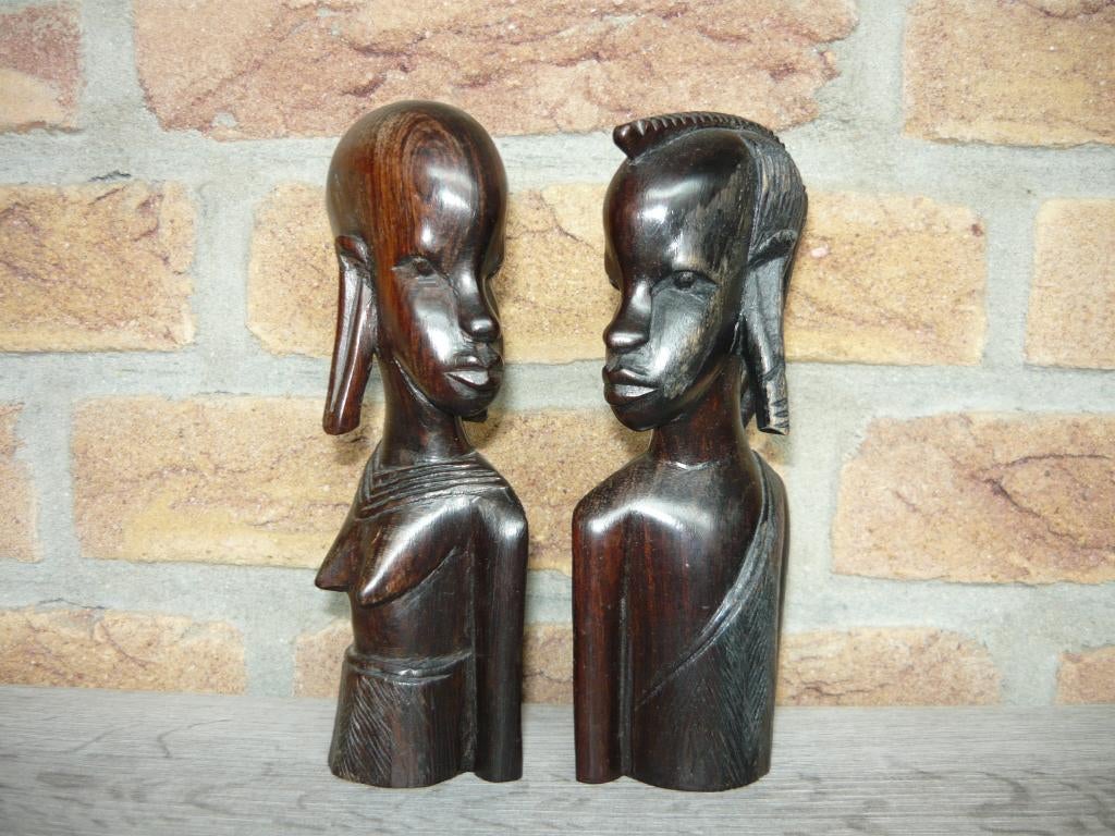 Afrika Houtsnijwerk Beeldjes (Afrikaanse Man & Vrouw - Stam), Houtsnijwerk, Minder dan 20 cm, Ophalen of Verzenden, Hout
