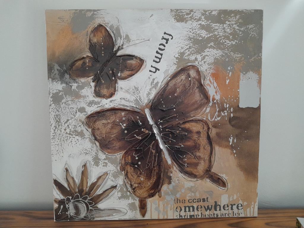 Schilderij met vlinders en bloem, bruin/grijs, Huis en Inrichting, Woonaccessoires | Schilderijen, Tekeningen en Foto's, Ophalen