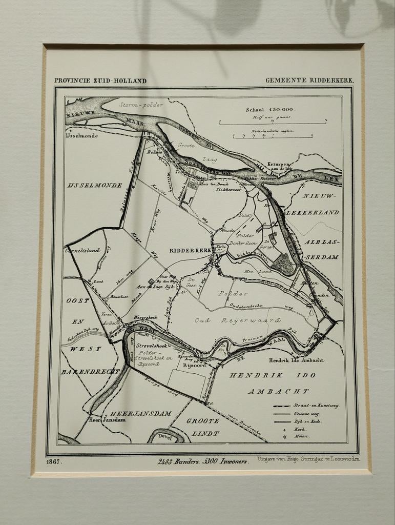 Oude Kaart Ridderkerk, Zuid-Holland (1867) Hugo Suringar, Gelezen, Hugo Suringar, Ophalen of Verzenden, Landkaart