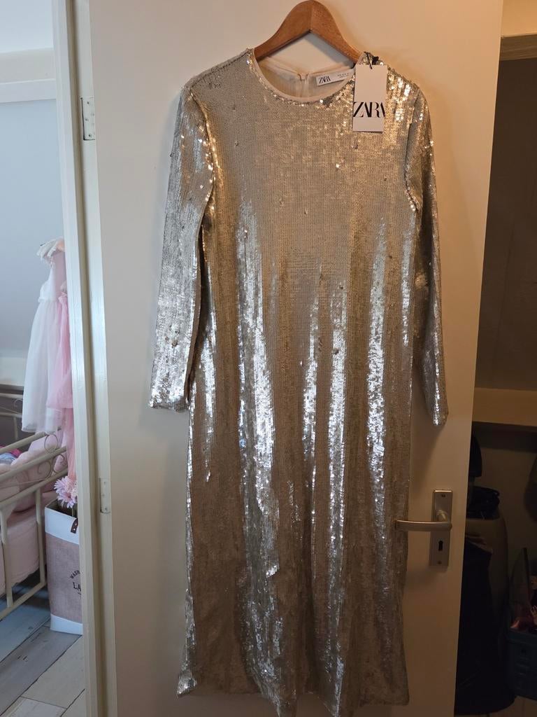 Zara pailletten jurk zilver maat M nieuw met kaartje, Maat 38/40 (M), Overige kleuren, Zara, Nieuw