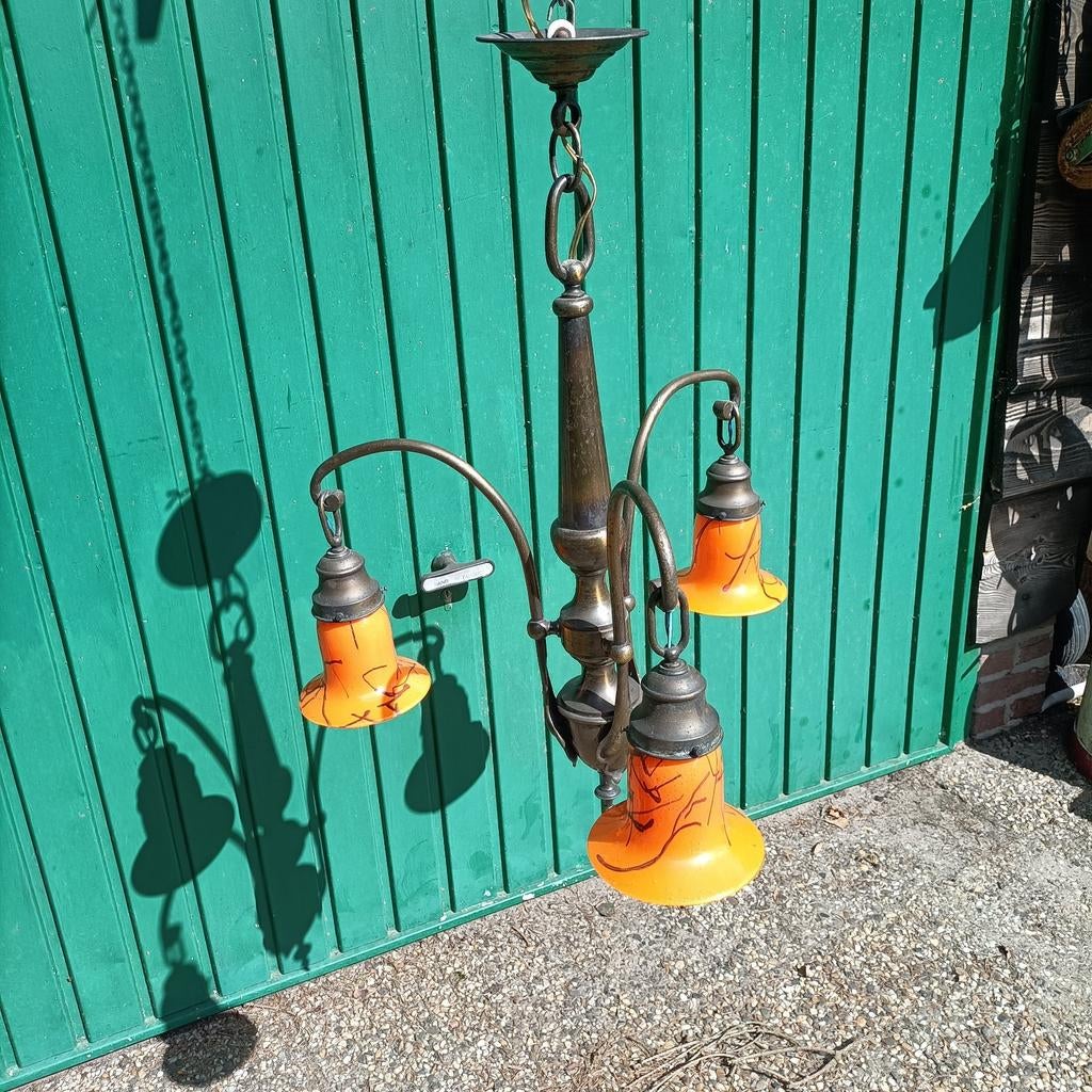 Antieke hanglamp messing/koper met patinee, Ophalen of Verzenden
