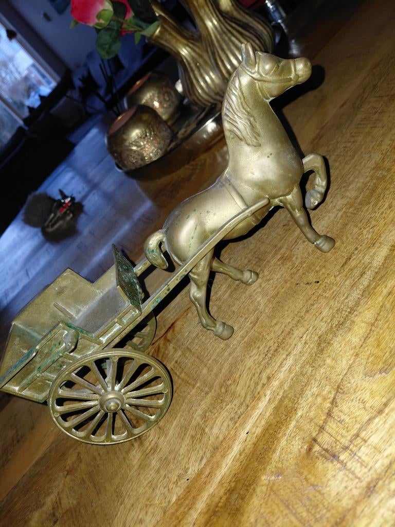 Decoratief Koperen Paard met Wagen Beeldje, Ophalen
