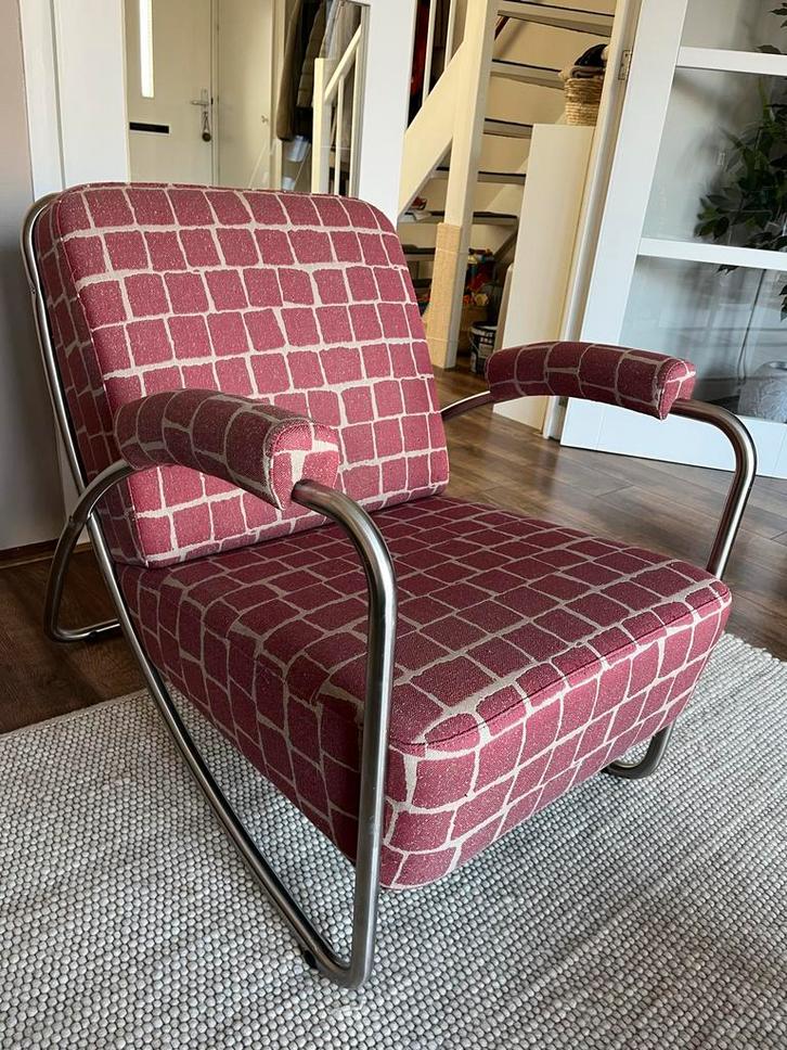 Vis Nestor Dyker Fauteuil - Chroom & Cobblestones Stof, Huis en Inrichting, Fauteuils, Gebruikt, Metaal, 50 tot 75 cm, Ophalen