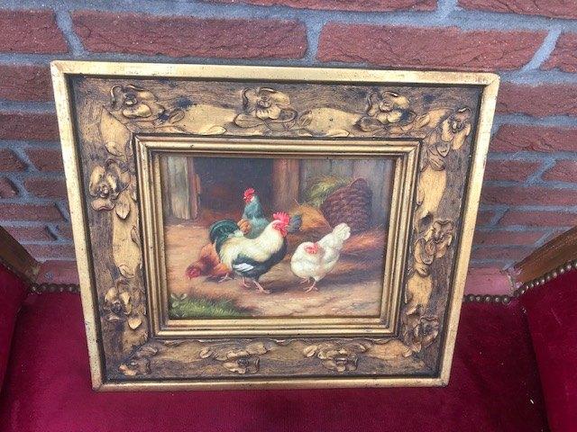 mooi schilderij, kippen bij een boerenschuur, Ophalen of Verzenden