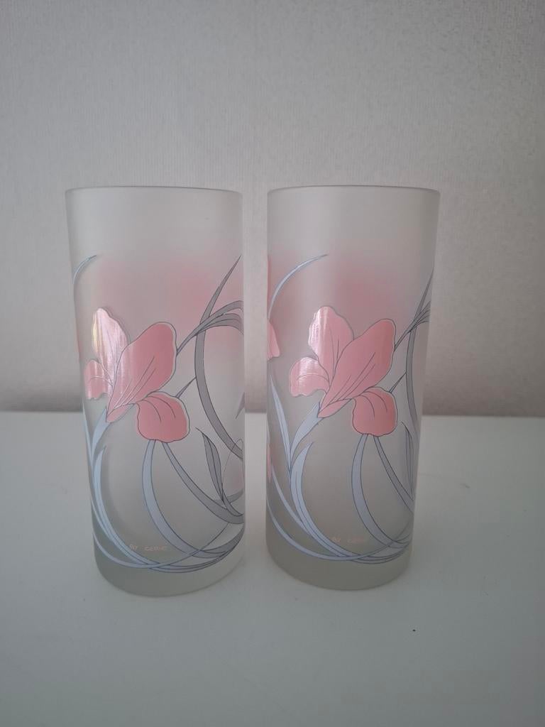 Set van 2 vintage Italiaanse Cerve glazen. Iris. Matglas., Ophalen of Verzenden, Zo goed als nieuw, Frisdrankglas