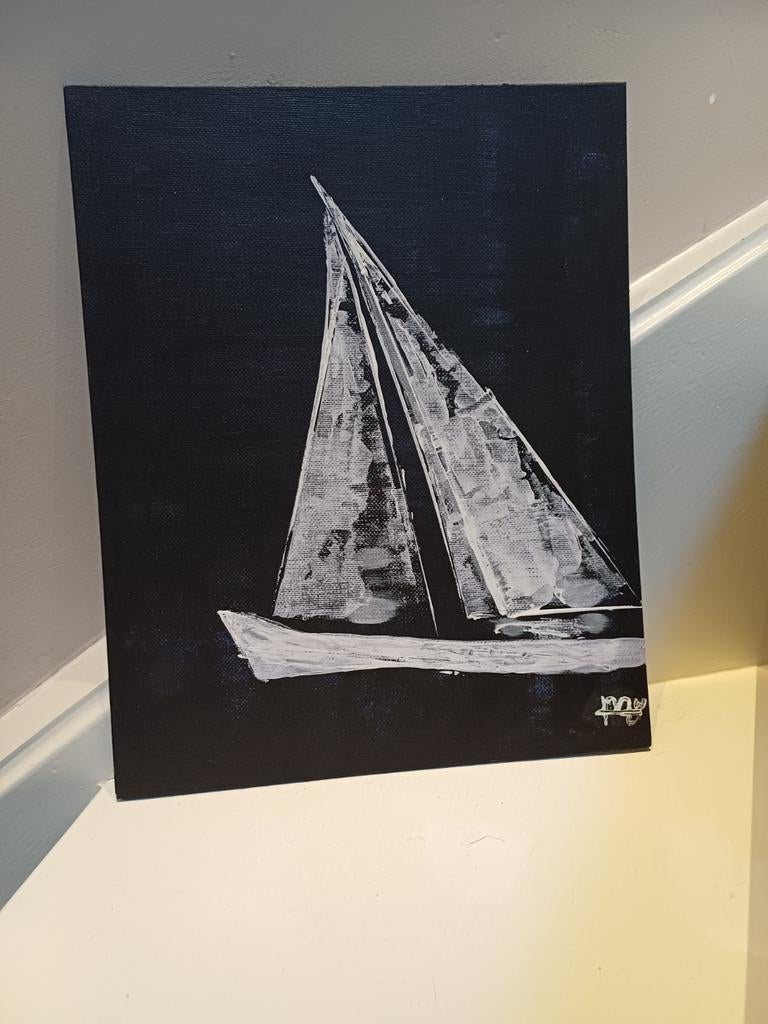 Origineel schilderij zeilboot-handgrmaakt kunstwerk met text, Ophalen of Verzenden
