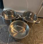 Pannenset: 3 pannen, waarvan 1 Masterchef, gebruikt op gas, Huis en Inrichting, Keuken | Potten en Pannen, Ophalen, Gebruikt, Rvs