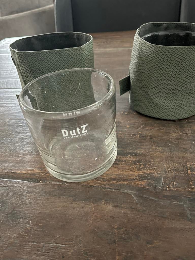 2 Dutz glazen windlichten, Overige materialen, Ophalen of Verzenden, Zo goed als nieuw, Minder dan 25 cm