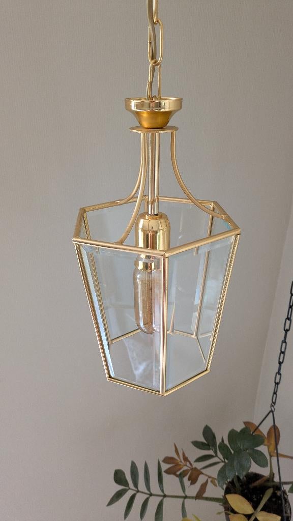 hanglamp lantaarn goud met facetglas, Gebruikt, Vintage, Ophalen of Verzenden, Glas