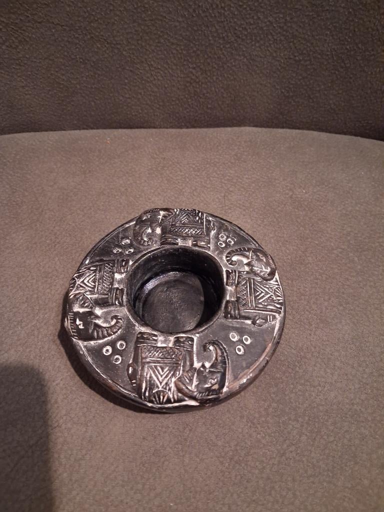 Vintage Boho Waxinelichthouder –Etnisch Reliëf met Olifanten, Overige materialen, Gebruikt, Zwart, Ophalen of Verzenden