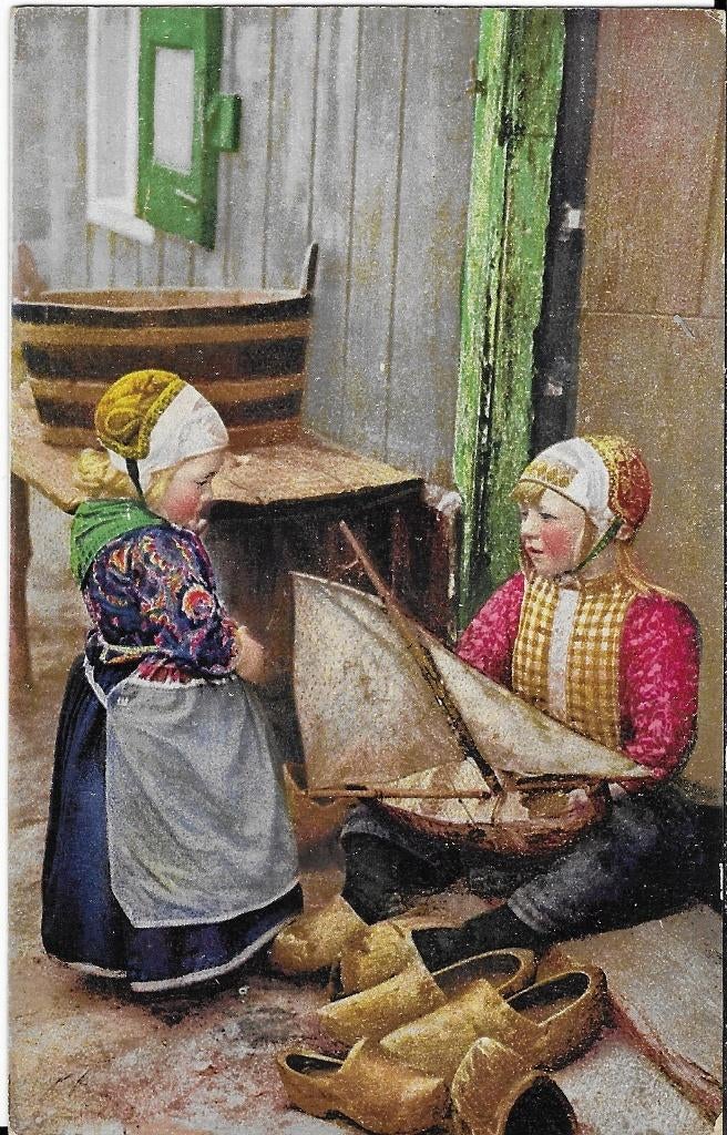 Marken, klederdracht, jongen, meisje, zeilbootje, klompen, Verzenden, 1940 tot 1960, Ongelopen, Noord-Holland