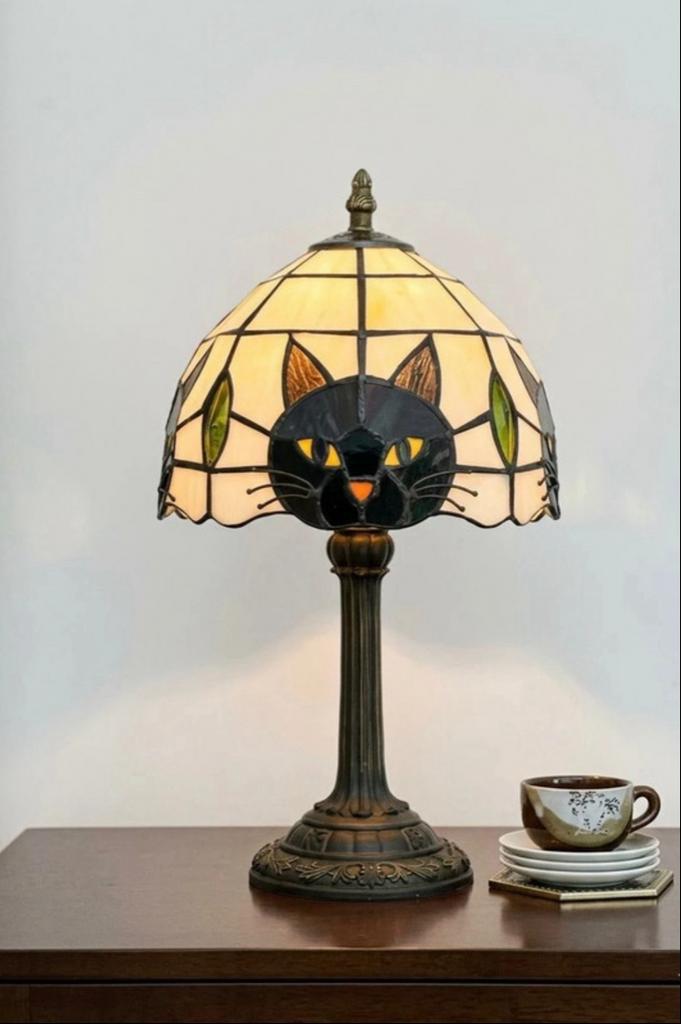 Tiffany Kat Lamp - Unieke Glas-in-lood Tafellamp, Verzenden, Zo goed als nieuw, Glas, Minder dan 50 cm