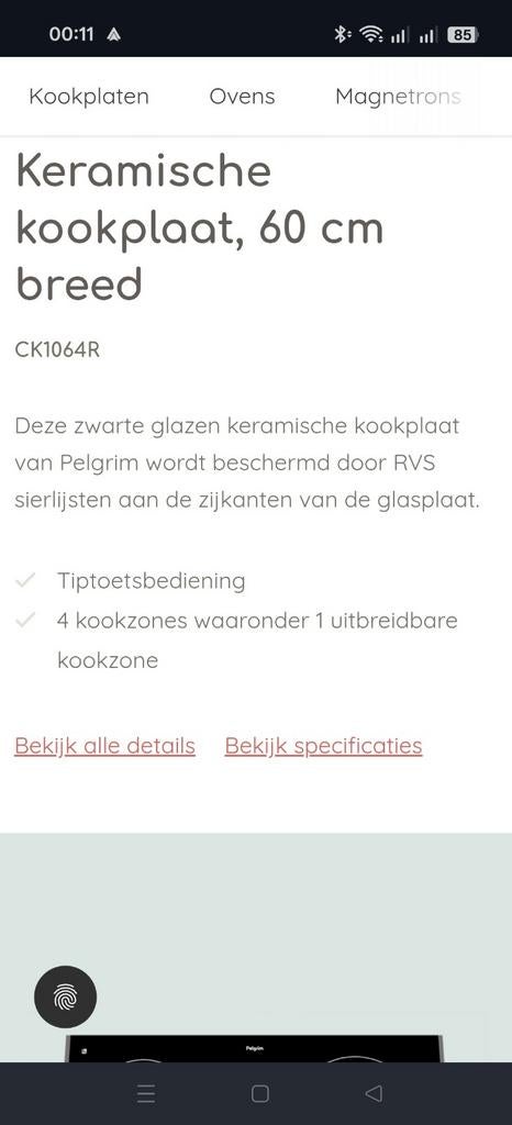 Pelgrim kookplaat, Ophalen, Keramisch, 4 kookzones, Zo goed als nieuw
