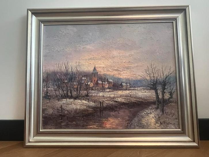 Schilderij Pie Wilhelmus - Winters Landschap met Kerk, Antiek en Kunst, Kunst | Schilderijen | Klassiek, Ophalen