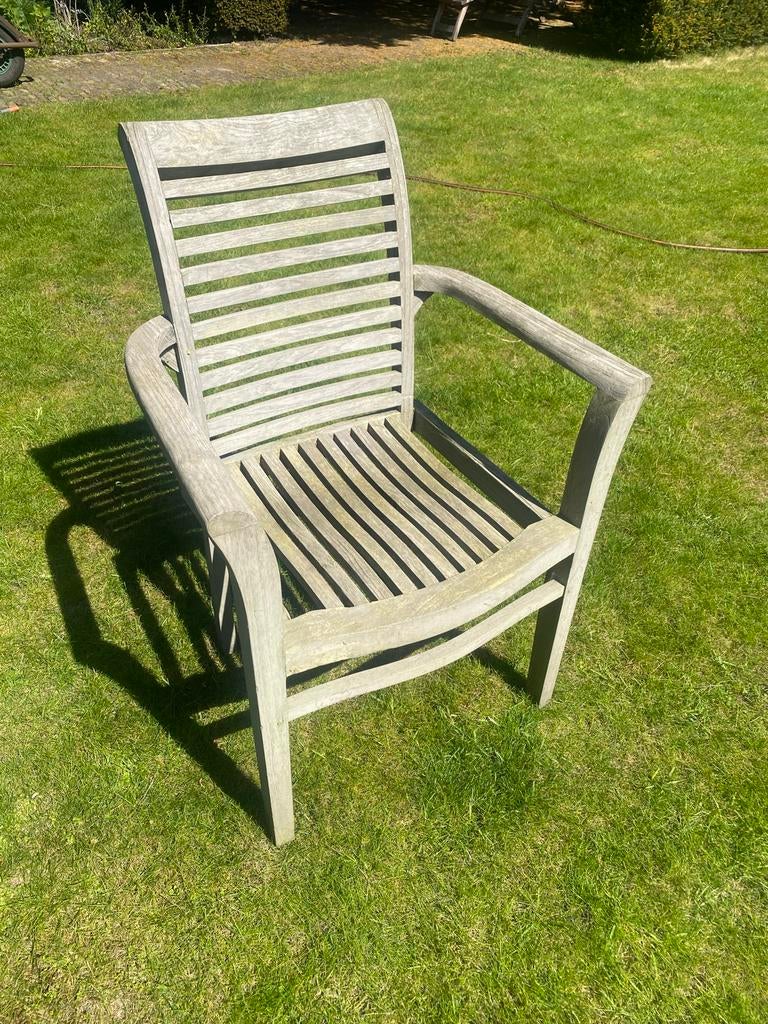 Te koop: vier stuks teakhouten tuinstoelen, Ophalen, Gebruikt, Teakhout