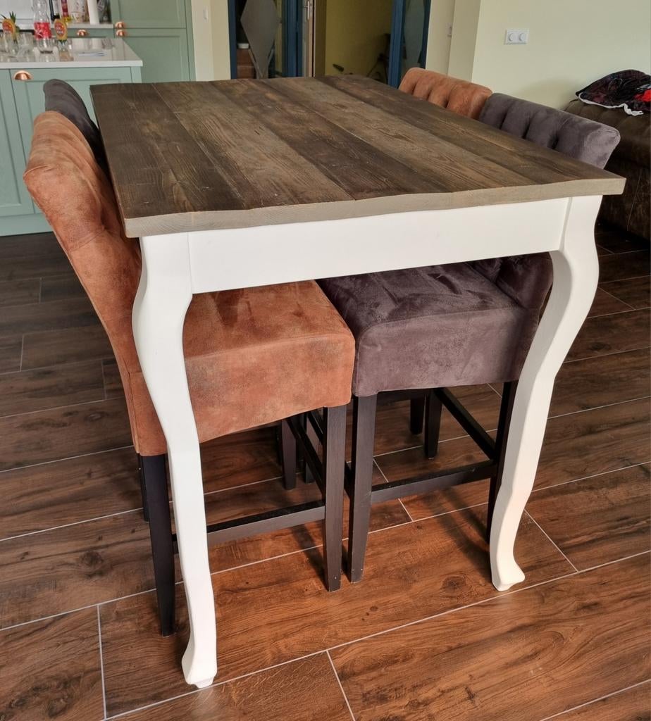 Hoge landelijke hardhouten Queen Anne eettafel met stoelen, Ophalen of Verzenden, Zo goed als nieuw, Queen Anne, landelijk, Riviera Maison stijl, bar set, vintage