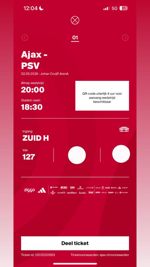 Ajax psv f side, Tickets en Kaartjes, Losse kaart, Eén persoon, Mei