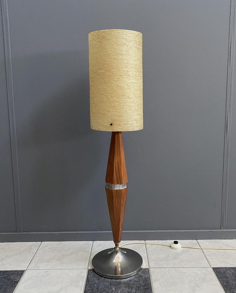 60 jaren vloer lamp 8 kantige teak stam glas fiberglas kap, Gebruikt, Vintage, 150 tot 200 cm, Glas