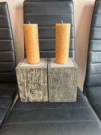 Set van 2 kaarsen op houten blokken, Bruin, Ophalen of Verzenden, Zo goed als nieuw, Kaars