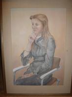 Ton Pape  XL olieverfschilderij 1977 meisje op stoel 63x86, Ophalen
