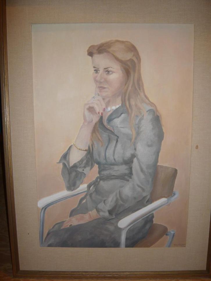 Ton Pape  XL olieverfschilderij 1977 meisje op stoel 63x86, Antiek en Kunst, Kunst | Schilderijen | Klassiek, Ophalen