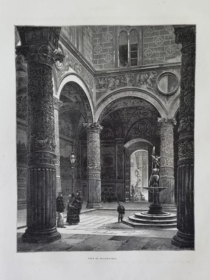 Florence, Palazzo Vecchio - Orginele antieke gravure 1877, Antiek en Kunst, Kunst | Etsen en Gravures, Verzenden