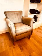 Compacte fauteuil - bruin denim, beukenhout, Gebruikt, Minder dan 75 cm, Ophalen of Verzenden, 50 tot 75 cm
