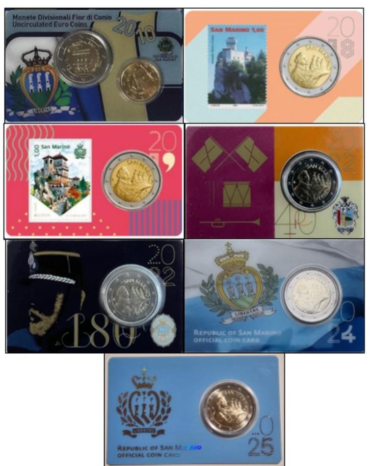 7 Verschillende San Marino 2 Euro (Regulier) Coincards, Postzegels en Munten, Munten | Europa | Euromunten, 2 euro, Overige landen