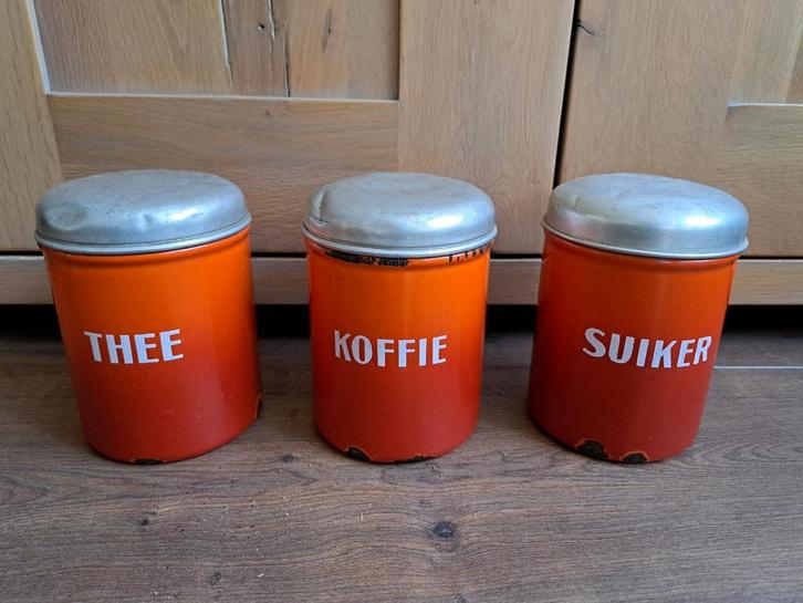 3 vintage oranje bewaarbussen Thee, Koffie, Suiker, Antiek en Kunst, Antiek | Emaille, Ophalen of Verzenden