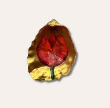 Handgeschilderde Oesterschelp - Tulp - Uniek Kunstwerk beschikbaar voor biedingen