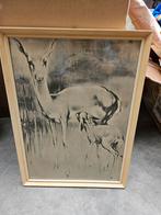2x vintage reproductie schilderij/tekening Het Hertje/Hertje, Ophalen of Verzenden, Gebruikt, Minder dan 50 cm, Minder dan 50 cm
