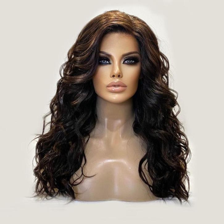 Swiss lace pruik lang bruin haar beach wave krullen CALYX, Sieraden, Tassen en Uiterlijk, Uiterlijk | Haarverzorging, Verzenden