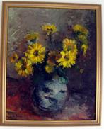 C. De Jong:  Zonnebloemen in vaas.  Olieverf doek  40cm x 51, Antiek en Kunst, Ophalen