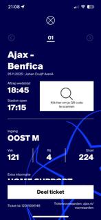 Ajax-Benfica 1 kaart vak 121 rij 4, Tickets en Kaartjes, Losse kaart, Eén persoon, November, Europa of Champions League