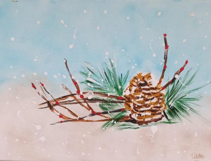 Schilderij met kerststukje, Huis en Inrichting, Woonaccessoires | Schilderijen, Tekeningen en Foto's, Nieuw, Schilderij, Minder dan 50 cm