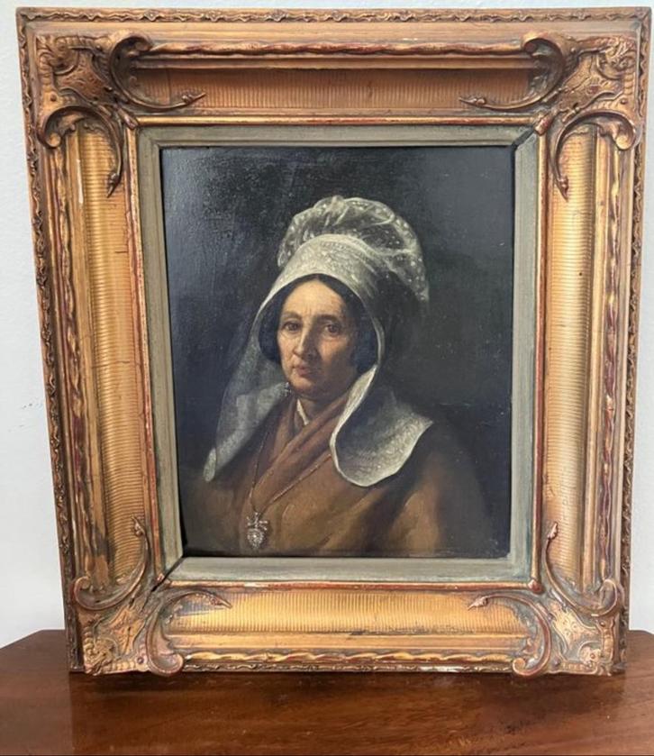 Antiek schilderij: Vlaamse dame met kanten muts, (XIXe eeuw), Antiek en Kunst, Kunst | Schilderijen | Klassiek, Ophalen of Verzenden