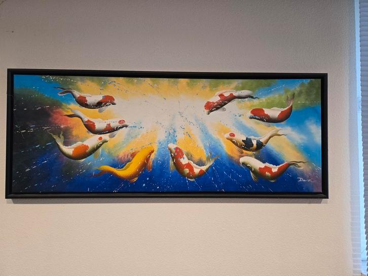 Kleurrijk schilderij van koi karpers, Antiek en Kunst, Kunst | Schilderijen | Klassiek, Ophalen of Verzenden