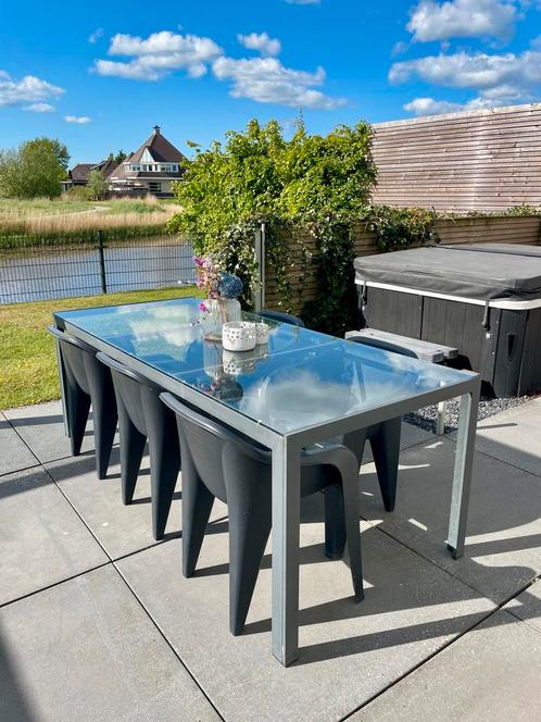 Prachtige tafel met  glazen plaat en stoelen, Tuin en Terras, Tuinsets en Loungesets, Gebruikt, Eettafel, Ophalen