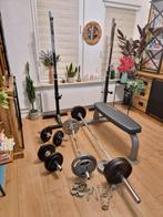 compleet fitness set bankje haltetsteunen stangen gewichten, Sport en Fitness, Fitnessmaterialen, Ophalen, Zo goed als nieuw, Overige typen