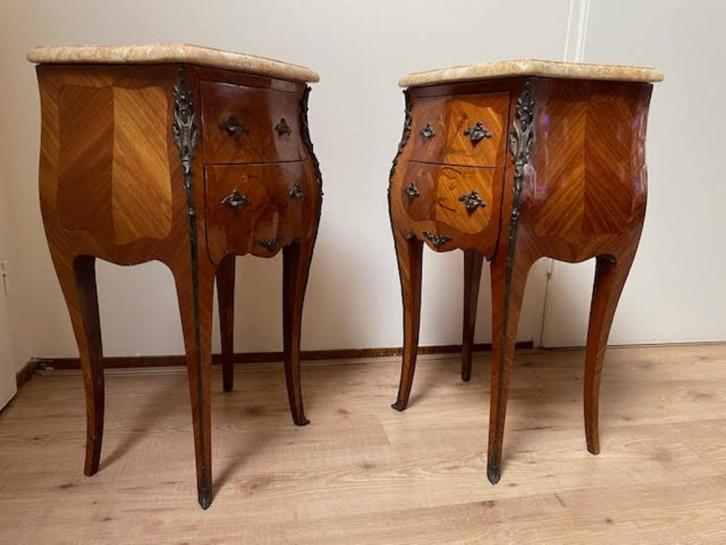 Set van 2 antieke Franse nachtkastjes met blad van marmer, Antiek en Kunst, Antiek | Meubels | Kasten, Ophalen
