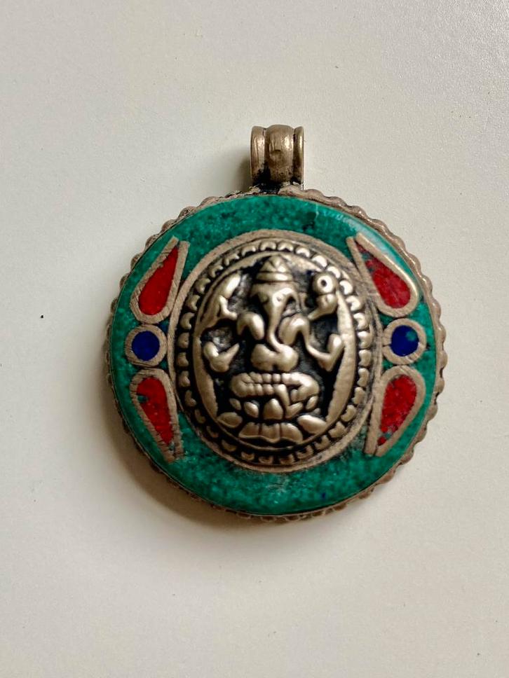 Ganesh kettinghanger India groen zilver, Sieraden, Tassen en Uiterlijk, Kettinghangers, Zo goed als nieuw, Zilver, Groen, Overige voorstellingen