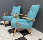 60 jaren set Šmídek fauteuils opnieuw bekleed zeegroene stof, Huis en Inrichting, Fauteuils, Ophalen, Hout, Gebruikt, Minder dan 75 cm