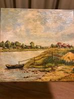 Oud schilderij met rivierlandschap en koeien, Ophalen of Verzenden
